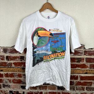Vintage Carnival Cruise Shirt Size Large White Short Sleeve Toucan Corvette 90s